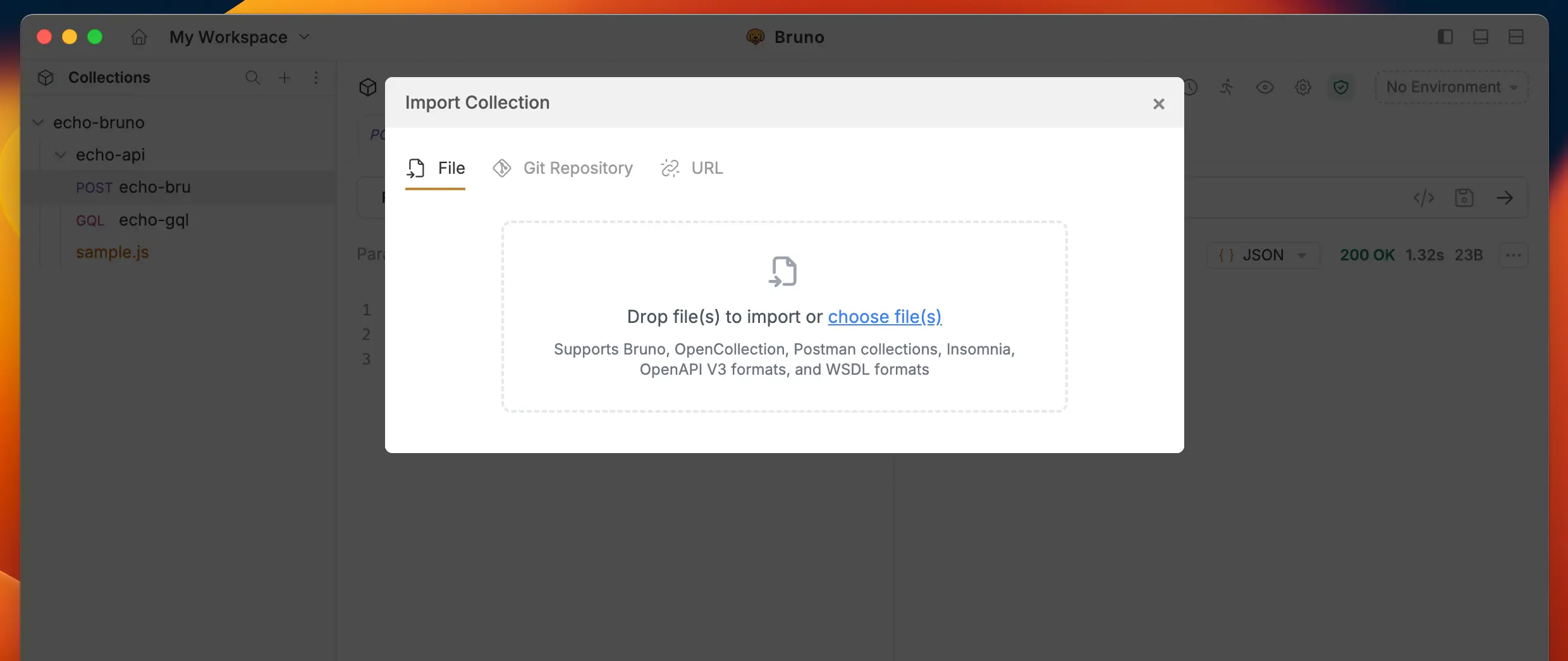 Fitur import Bruno. Support berbagai tipe mulai dari Postman, OpenApi Spec, Insomnia, dll