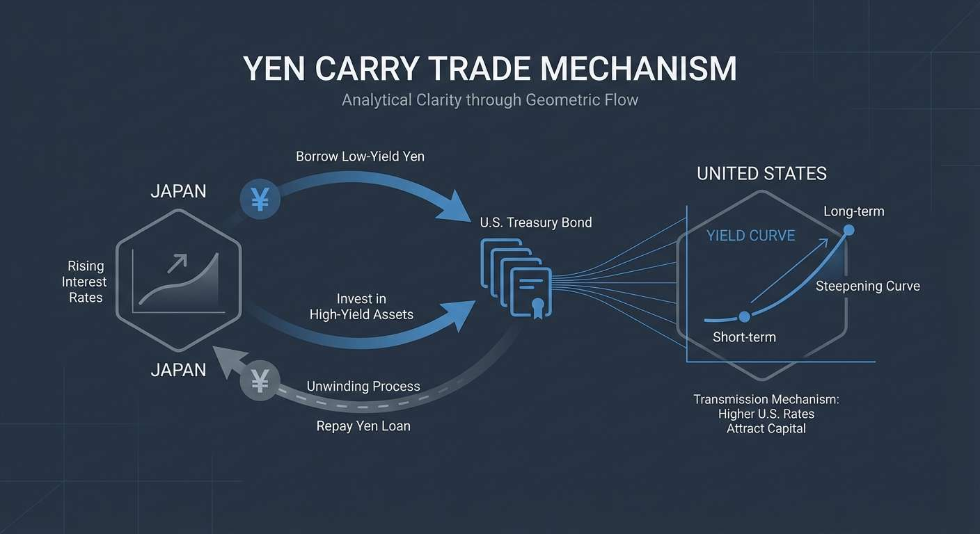 Diagram mekanisme Japan Carry Trade: dari pinjaman yen murah hingga investasi di negara dengan suku bunga tinggi
