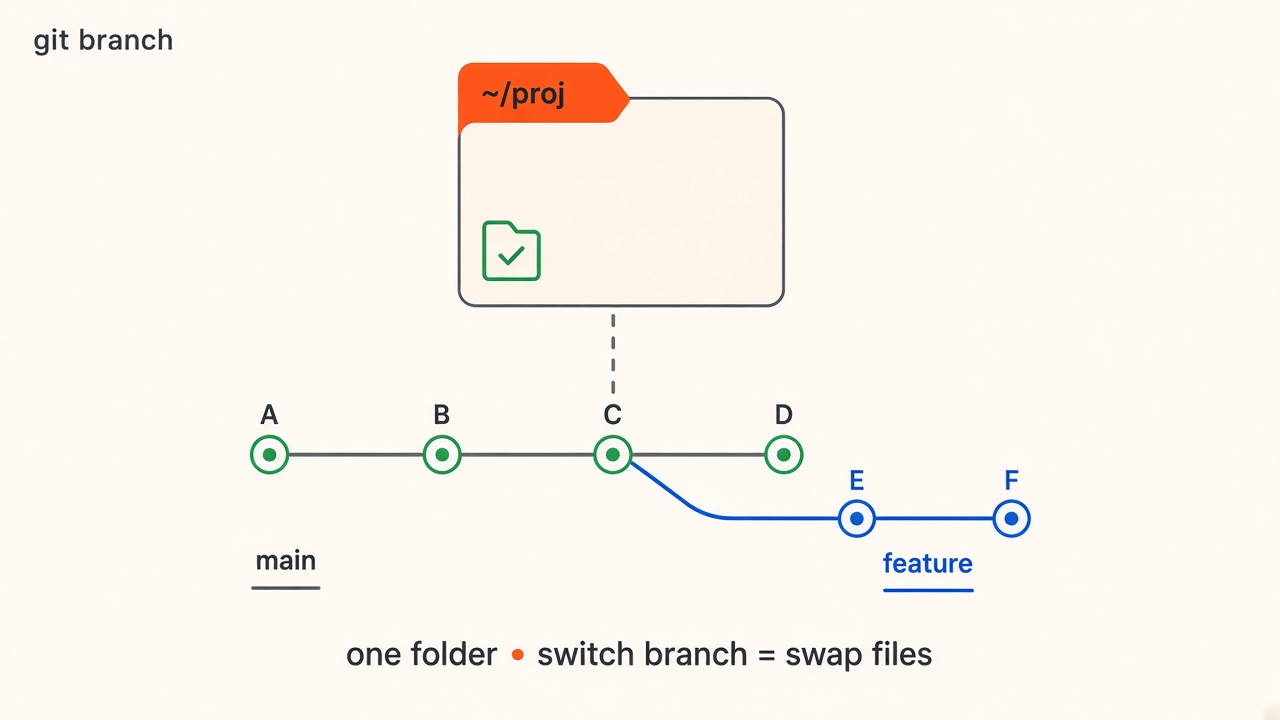 Visualisasi git branch: satu folder, ganti branch = ganti isi file