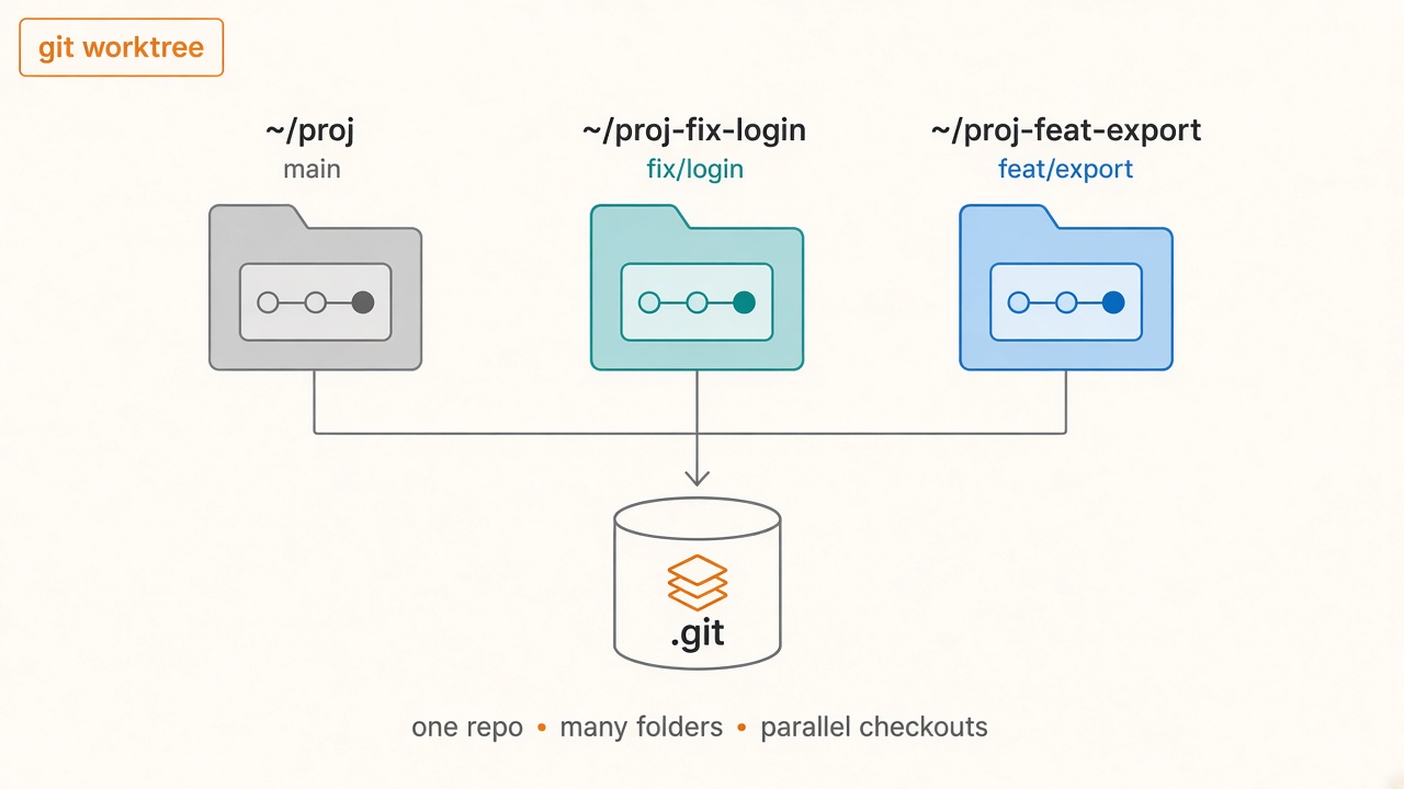Visualisasi git worktree: satu .git, beberapa folder checkout paralel